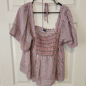 Old Navy Red and Blue Striped Smocked Blouse
